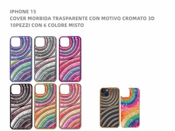 IPHONE15  COVER MORBIDA TRASPARENTE CON MOTIVO CROMATO 3D 10PEZZICON 6 COLORE MISTO