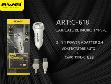 Awei C-618 Caricatore per Auto + Cavo Type-c, 2 usb, 2.4A Bianco