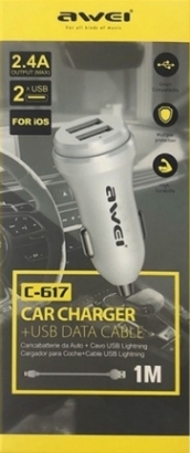 Awei C-617 Caricatore per Auto + Cavo Lightning, 2 usb, 2.4A