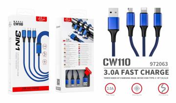 Ellie CW110 cavo in nylon 3 in 1, lightning, type-c, microusb, 3a, 1.2m