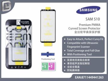 pellicola PMMA curvato con posizionatore per samsung s10 nero ultrasonic compatihble total cover full glue