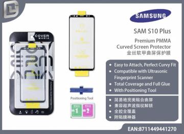 pellicola PMMA curvato con posizionatore per samsung s10 plus nero ultrasonic compatihble total cover full glue