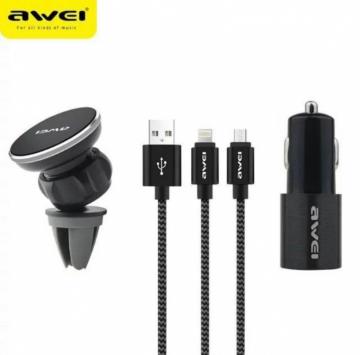 Awei x10 kit di caricatore + cavo + supporto per auto