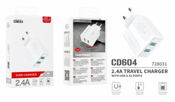 ELLIECD604 Caricabatterie da viaggio, 2Usb, 2.4A, Bianco